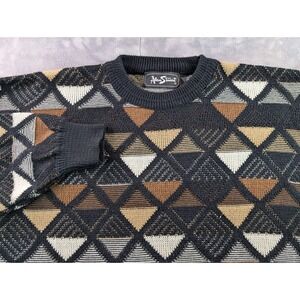 Alan Stuart Mens 2XL Geometric Triangle Knit Sweater Black Brown Vintage Style